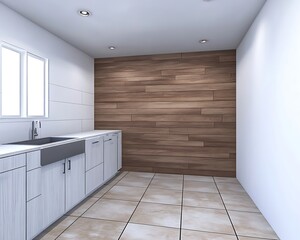 3D rendering of a modern, minimalistic kitchen with white walls and wood paneling on the walls, tile flooring, a sink on the left side of the countertop, a cabinet in front of the countertop, and a wo