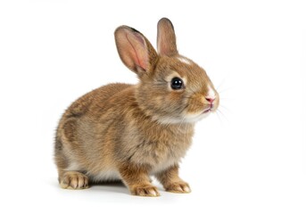Fototapeta premium A small brown rabbit with white markings sits attentively on a white background