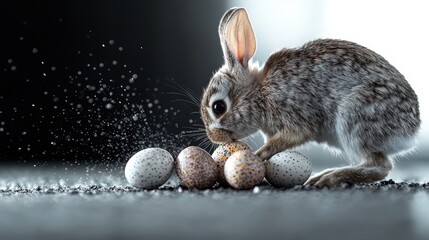 Obraz premium Cute Rabbit with Colorful Easter Eggs in a Bright Setting