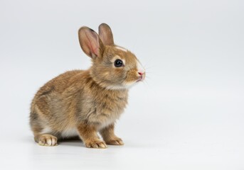 Obraz premium A small brown rabbit sits attentively on a white background in the studio