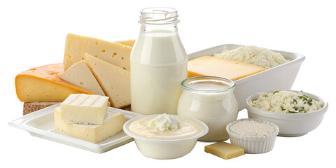 close-up of assortment of fresh dairy products with soft lighting including milk cheese and yogurt arranged on rustic PNG
