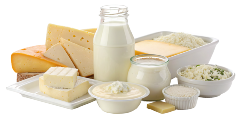 close-up of assortment of fresh dairy products with soft lighting including milk cheese and yogurt arranged on rustic PNG