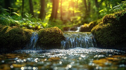 Crystal clear stream cascading over mossy rocks in a sunlit forest