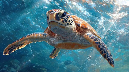 Fototapeta premium Sea turtle swimming in clear turquoise water