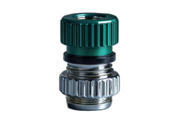 Green and black water valve with distinct handle and nozzle, isolated on transparent background.