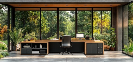 Fototapeta premium Serene Home Office with Panoramic Garden View