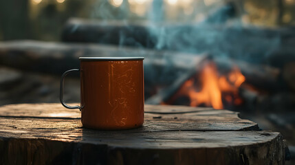 An orange mug sits near a campfire in a natural outdoor setting.
