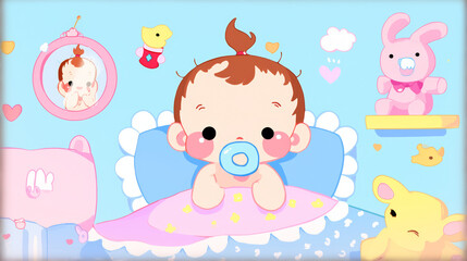 Cute baby sleeping sweetly, cartoon bedside, cartoon painting, manga illustration