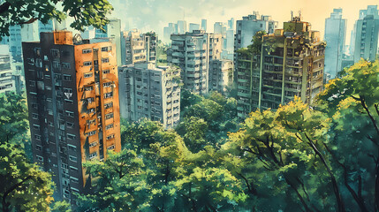 A vibrant watercolor depiction of city buildings surrounded by lush green trees, blending nature with urban life. [Urban Beasts] | Vandal Claw | painted predator. Illustration