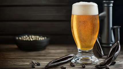A refreshing glass of golden beer with a frothy head sits on a rustic wooden table next to vanilla beans and a bowl of spices, creating an inviting atmosphere.