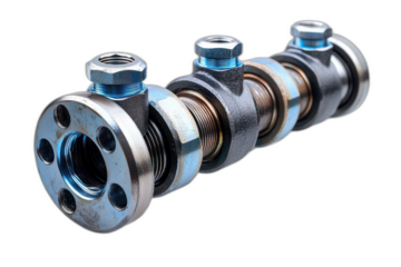 Pair of threaded fittings tightly screwed together, male and female connector, detailed threading visible, isolated on transparent background.