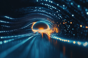 A dynamic abstract tunnel made of glowing digital particles, creating a futuristic, sci-fi inspired journey through time and space. Ideal for technology, virtual reality, and digital art concepts.