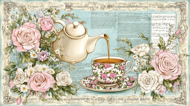 Vintage-inspired tea party illustration with floral teacup teapo