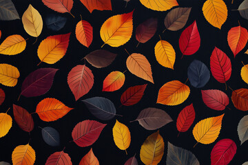 A vibrant and colorful pattern of autumn leaves in shades of red, orange, and yellow, scattered against a dark background. Perfect for seasonal designs, nature-themed projects, and autumn decor.