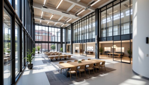 high ceilings and glass partitions to create a sense of spaciousness and promote a sense of openness and connectivity throughout the building.