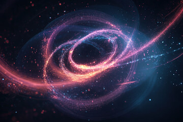 An abstract representation of cosmic energy in motion, with swirling glowing particles and light trails forming intricate patterns. The vibrant, colorful spirals evoke a sense of futuristic space.