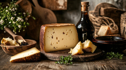 Cheese and wine arranged on a rustic wooden table with bread and flowers.