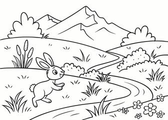 Cute cartoon meadow with mountain, bunny and river. Kids coloring page