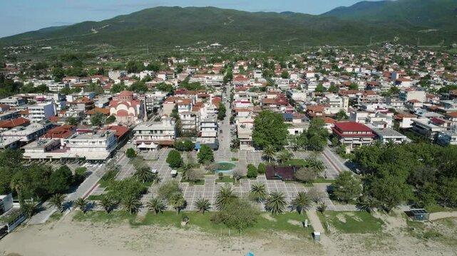 Asprovalta Thessaloniki Greece Aerial Dolly Shot, Panoramic View of Greek Seaside Village, Summer Destination