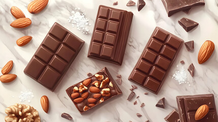 Chocolate bars and almonds arranged on a white marble surface.