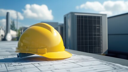 Hard hat resting on HVAC blueprint with duct layout and equipment specs in view