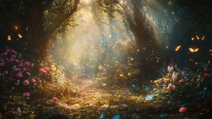 Enchanted Forest Path: A Dreamlike, Floral Scene with Butterflies
