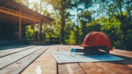 Helmet on deck of modular home construction with framing plan visible