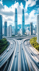 Obraz premium A city with a lot of traffic and a lot of tall buildings. The sky is blue and there are clouds