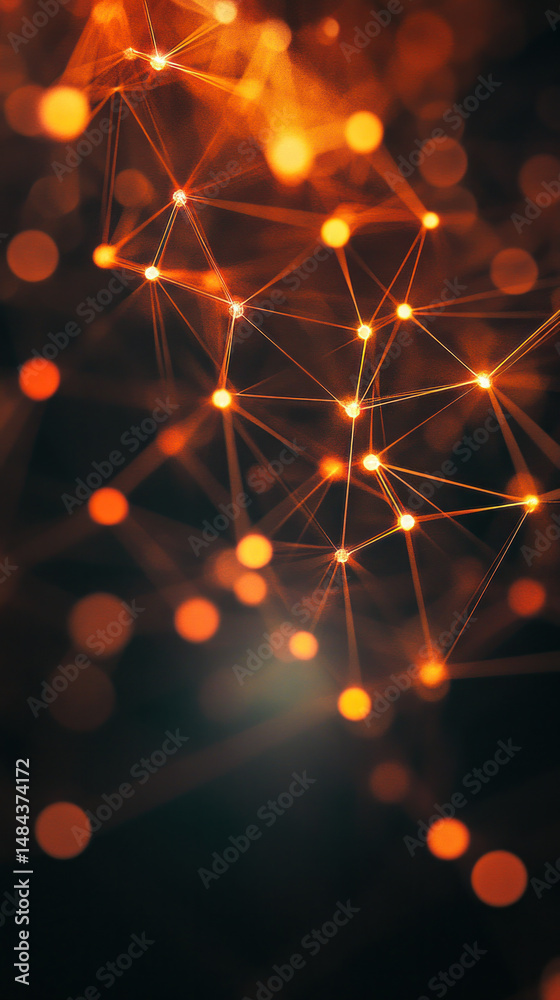 Poster a close up of a black and orange background with a lot of dots. the dots are connected to each other