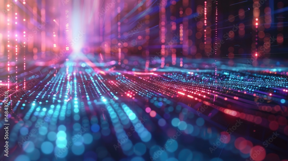 Poster abstract picture of neon light particle with digital technology style design connecting become dynam