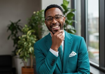 Smiling african american businessman in a teal suit poses confidently near a window