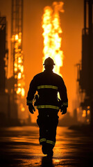 A firefighter walks through a city street with a large fire in the background. The scene is dramatic and intense, with the firefighter's silhouette standing out against the orange flames
