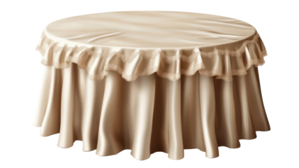 Round table elegantly covered with satin cloth isolated on white background