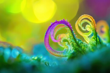 Fototapeta premium Vibrant, iridescent fern frond unfurling in a sunlit garden