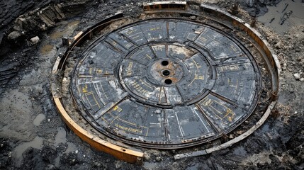 Obraz premium Manhole construction site with labeled plan of underground infrastructure layout