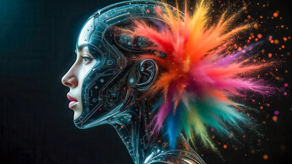Futuristic Woman with Metallic Features and Colorful Hair Explosion Concept