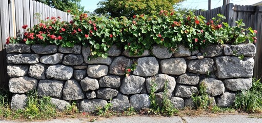 Stone Wall with Blooming Vines: A Rustic Garden Feature
