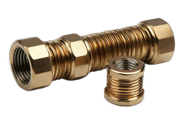 Brass compression fittings with male and female threads, hexagonal nut, and brass construction isolated on transparent background.