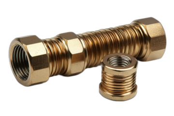 Brass compression fittings with male and female threads, hexagonal nut, and brass construction isolated on transparent background.