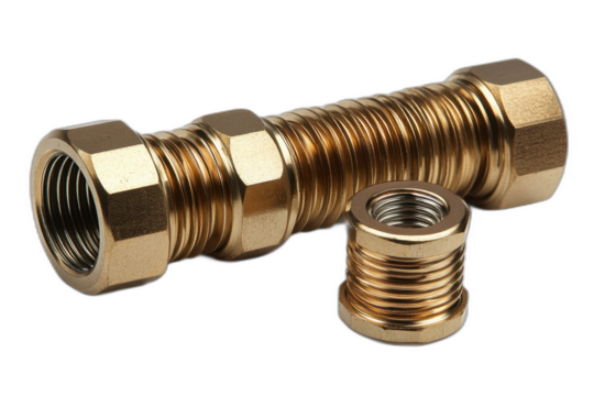Brass compression fittings with male and female threads, hexagonal nut, and brass construction isolated on transparent background.