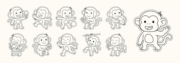 Cute Monkey Cutting Line Guide for Kids Worksheet, Monkey Eat Banana, Hanging from a Branch
