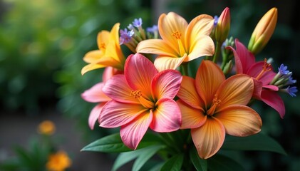 Vibrant bouquet of celebratory flowers, lush greenery , lilies, bloom