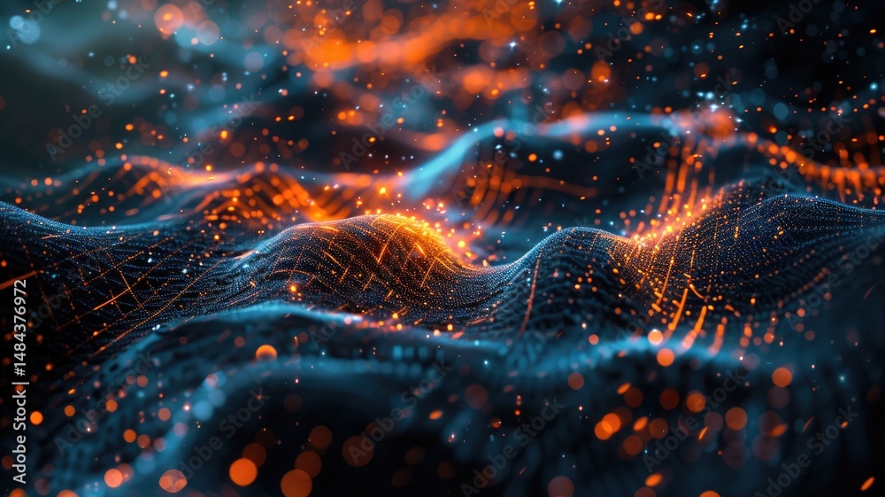 Poster abstract picture micro light sparkling particle represent data flow vivid flowing wave with high tec