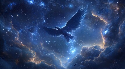 Obraz premium Celestial Falcon: A Serene Flight Through Starry Nebula