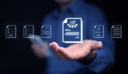 Document Management System concept. A man with his smartphone searches for a file stored in the DMS system for store, share, track and manage files or documents.