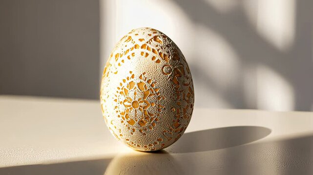 Ornate decorative egg with intricate patterns on a light background  