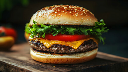 A close-up of a delicious hamburger on a wooden surface.
