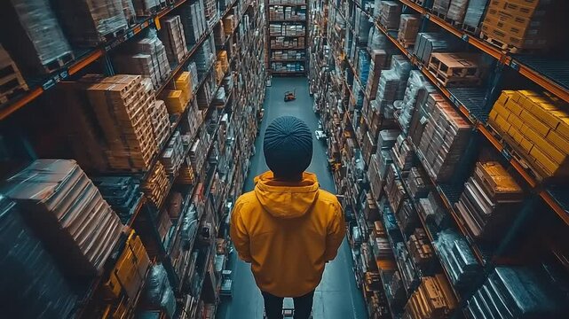 Person stands in a warehouse aisle, surrounded by stacked shelves full of various goods