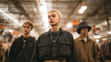Fototapeta premium Trendy Young Models in Warehouse. Edgy Urban Fashion Group