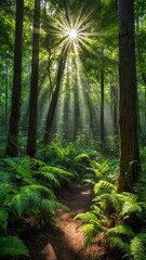 Sunbeams in the Woods: A pathway through a lush, verdant forest, bathed in a golden glow of sunlight streaming through the canopy. Sunlight penetrates the dense foliage.